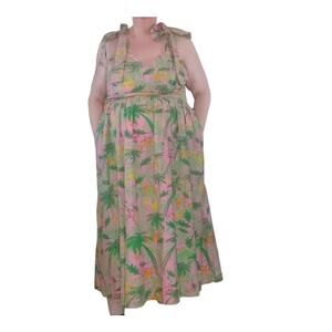 The Tiny Tassel Charleston XL Tropical Tie Strap Midi Dress Pocket Cotton Resort